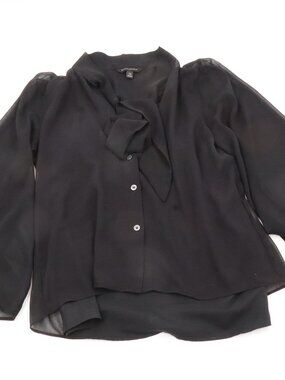 Banana Republic Tie Neck Blouse Womens XS Black Sheer Bell Sleeve Chiffon Top